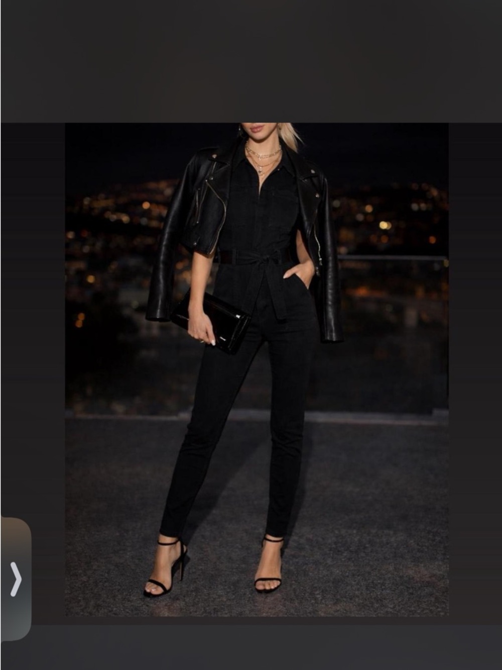 Aritzia Black Slim Tie-Waist Jumpsuit with Leather Jacket Layer